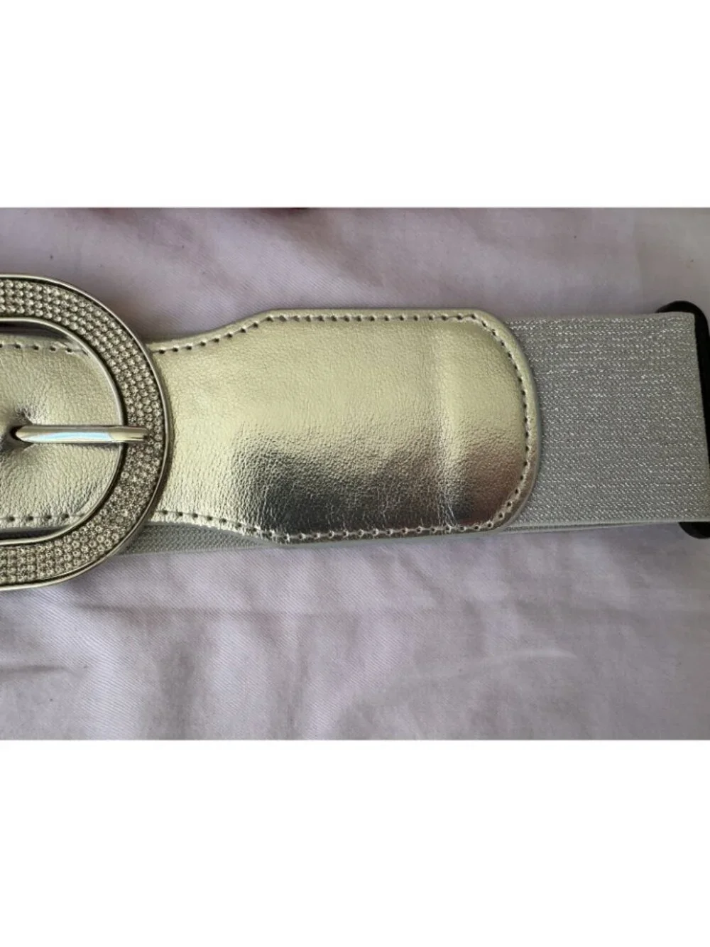 Women's Silver Stretch Wide Faux Leather Wide Fabric Belt Hook Bling Buckle S M